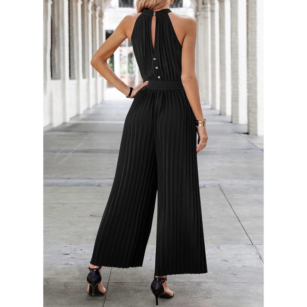KIRUNDO Women Halter Neck Sleeveless Pleated High Waist Jumpsuit (X-Large) - Picture 2 of 6